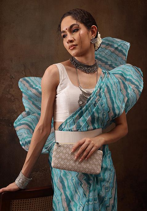 Turquoise Abstract Digital Print Cotton Blend Saree Set