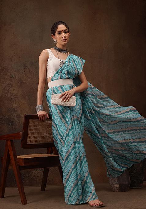 Turquoise Abstract Digital Print Cotton Blend Saree Set