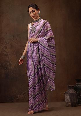 Lavender Abstract Digital Print Cotton Blend Saree Set