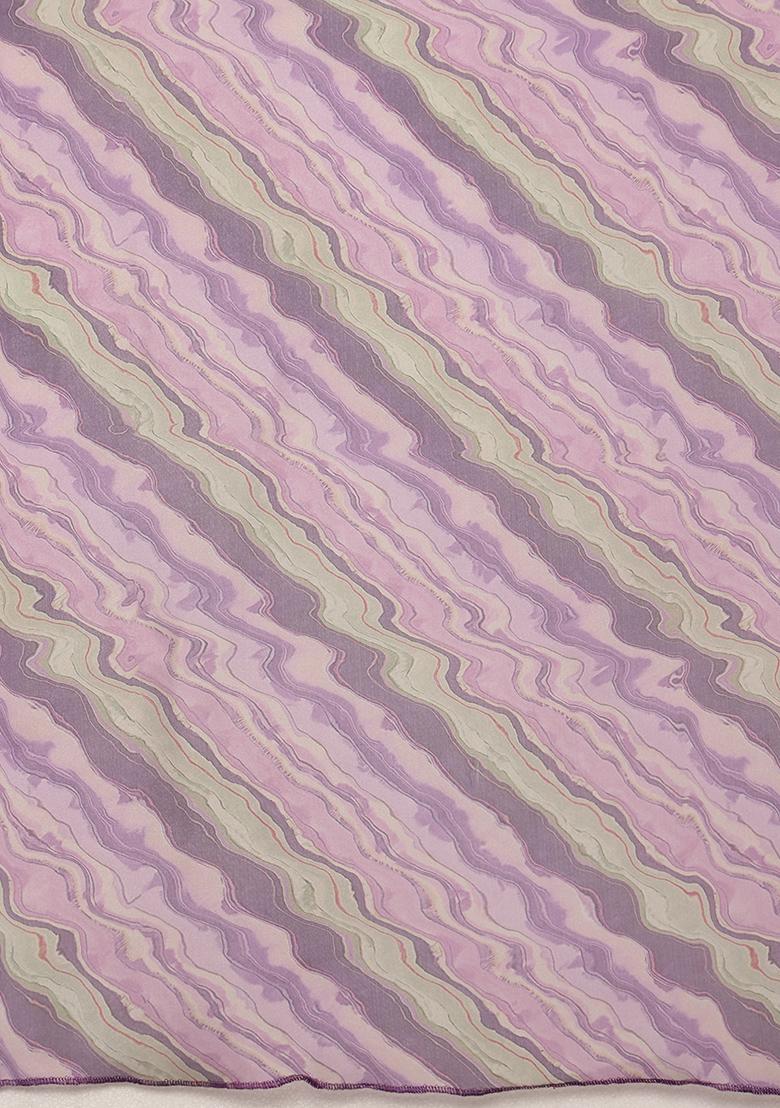 Lavender Abstract Digital Print Cotton Blend Saree Set - Indya