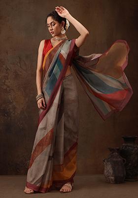 Multicolor Abstract Print Silk Blend Saree Set