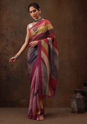 Multicolor Digital Print Silk Blend Saree Set