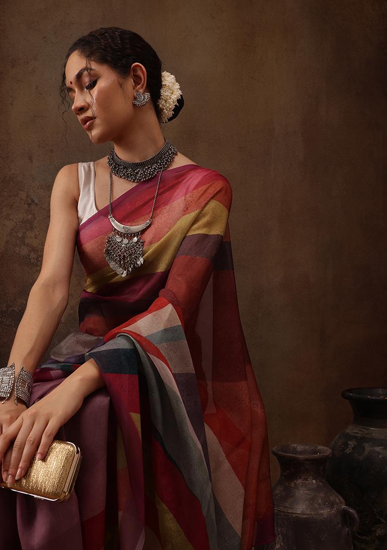 Multicolor Digital Print Silk Blend Saree Set - Indya