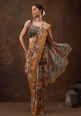 Multicolor Printed Silk Blend Saree Set