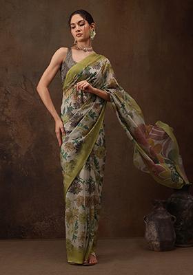 Multicolour Abstract Print Silk Blend Saree Set