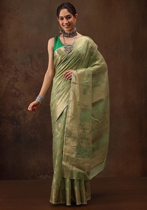 Green Floral Print Woven Cotton Saree Set