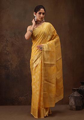 Yellow Floral Print Woven Cotton Saree Set