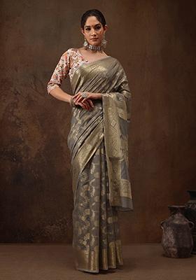 Grey Floral Print Woven Cotton Saree Set