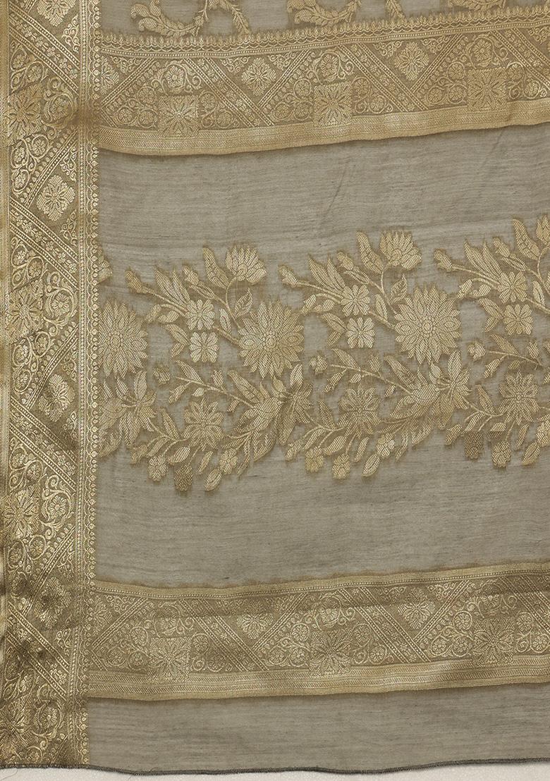 Grey Floral Print Woven Cotton Saree Set - Indya