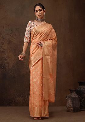 Peach Floral Print Woven Cotton Saree Set