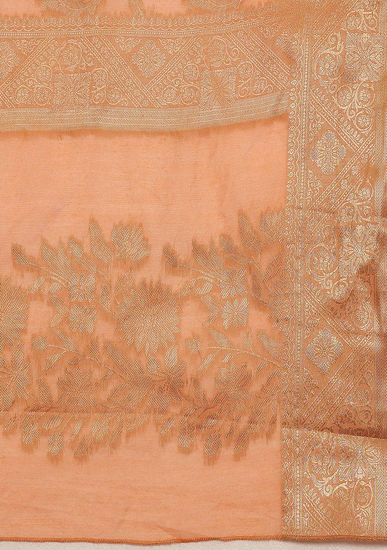 Peach Floral Print Woven Cotton Saree Set - Indya