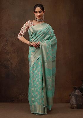 Turquoise Floral Print Woven Cotton Saree Set