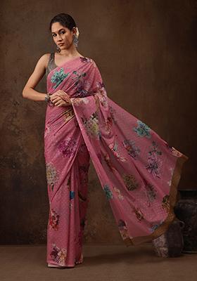 Pink Floral Print Chiffon Saree Set