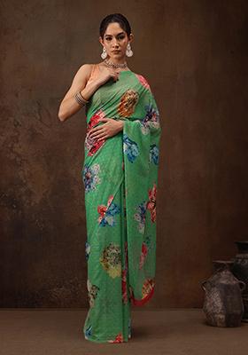 Green Floral Print Chiffon Saree Set