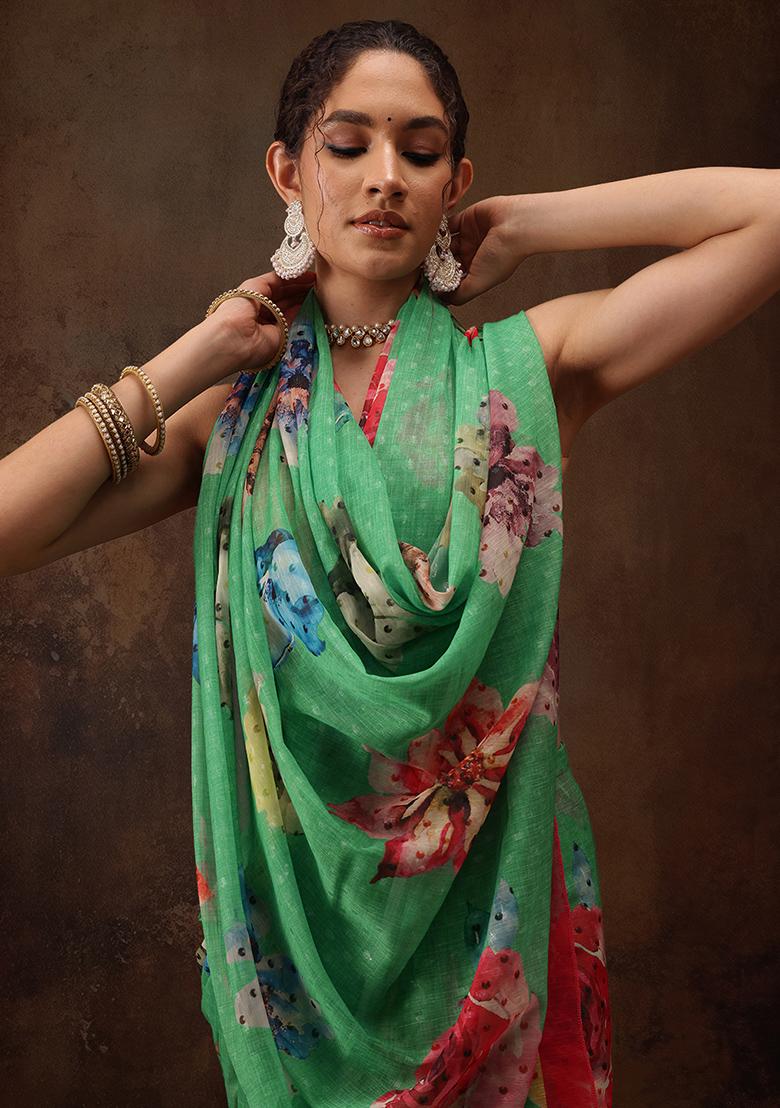 Green Floral Print Chiffon Saree Set - Indya