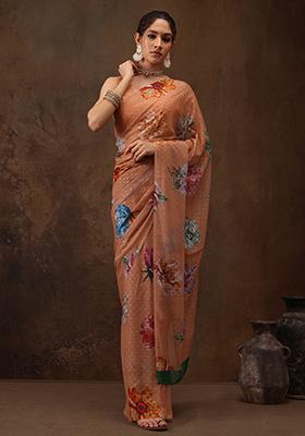 Peach Floral Print Chiffon Saree Set