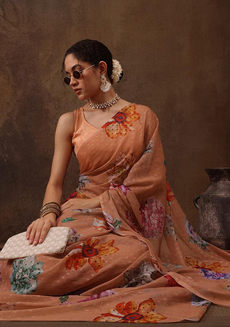 Peach Floral Print Chiffon Saree Set - Indya