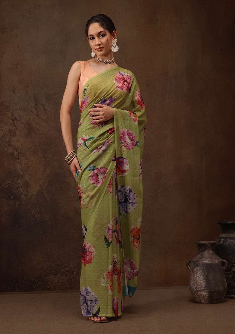 Maroon Floral Print Chiffon Saree Set - Indya