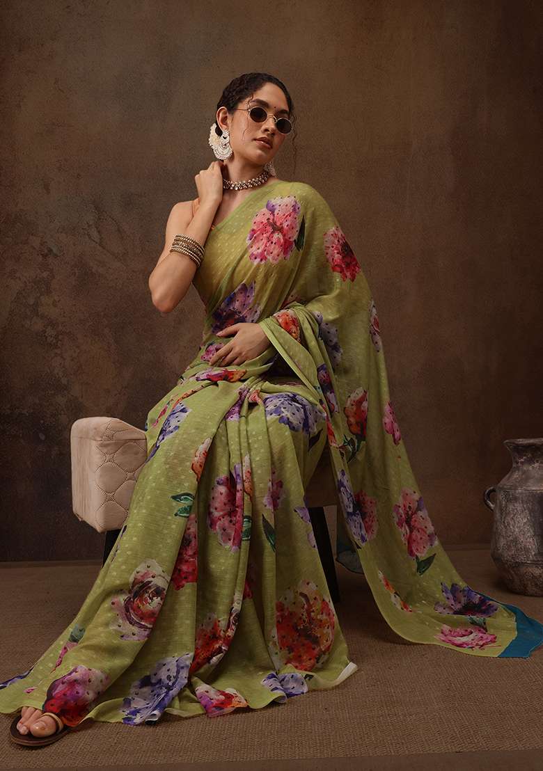 Maroon Floral Print Chiffon Saree Set - Indya