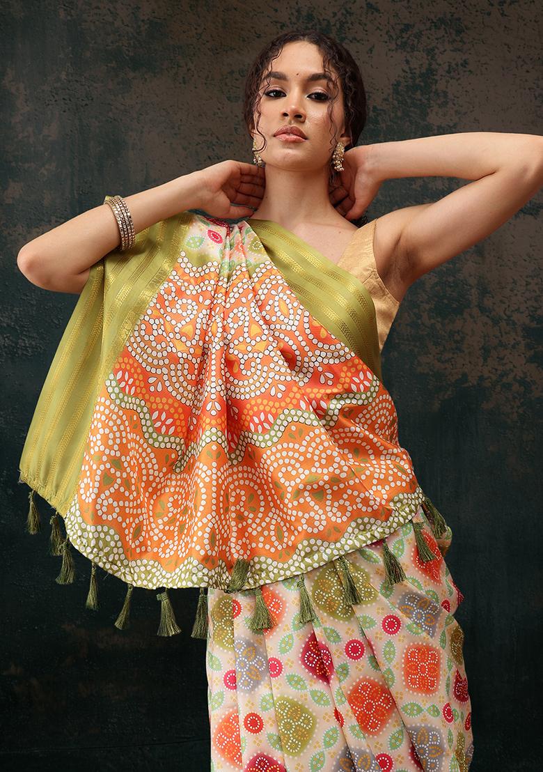 Multicolour Bandhani Print Soft Silk Saree Set