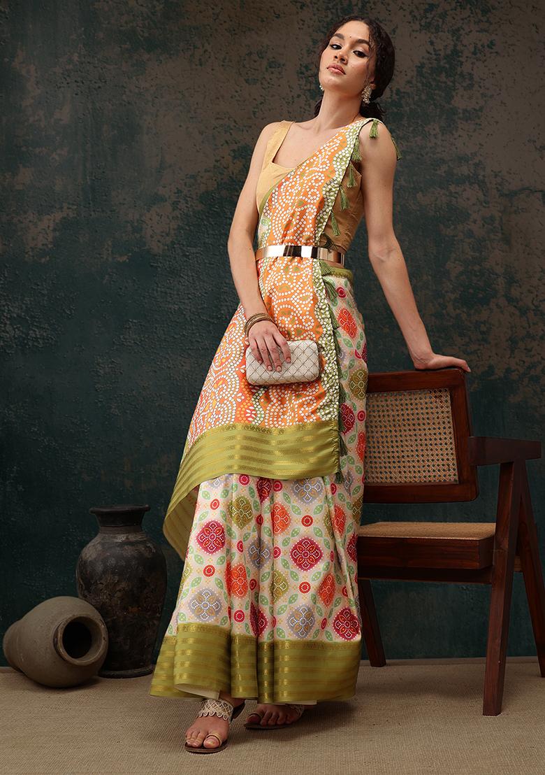 Multicolour Bandhani Print Soft Silk Saree Set