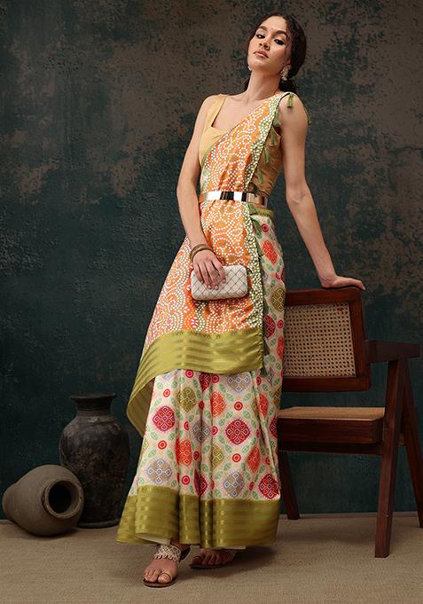 Multicolour Bandhani Print Soft Silk Saree Set