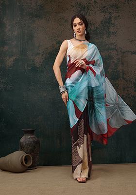 Brown Floral Print Polyester Saree Set