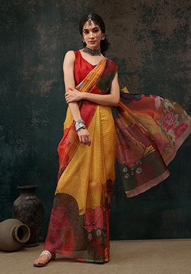 Mustard Floral Print Polyester Saree Set