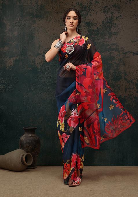 Royal Blue Floral Print Polyester Saree Set