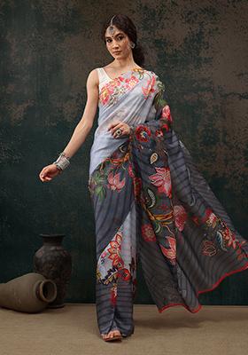 Sky Blue Floral Print Polyester Saree Set