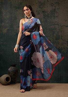 Navy Blue Floral Print Polyester Saree Set