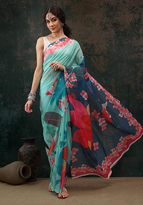 Turquoise Floral Print Polyester Saree Set