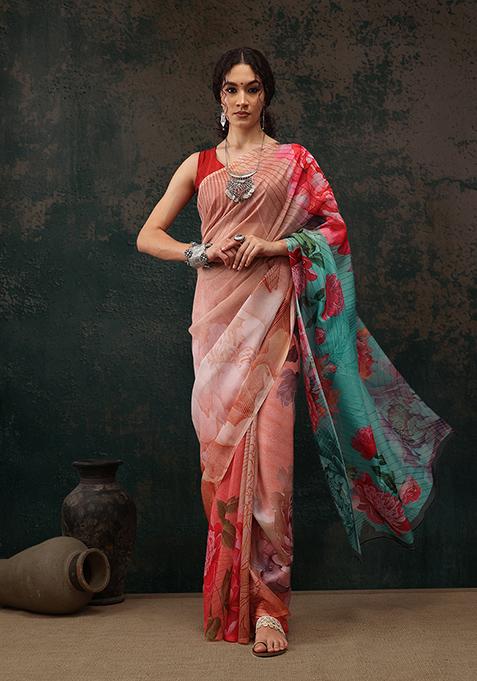 Multicolor Floral Print Polyester Saree Set