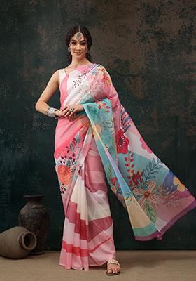 Multicolor Digital Print Polyester Saree Set