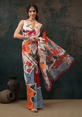 Multicolor Floral Digital Print Polyester Saree Set