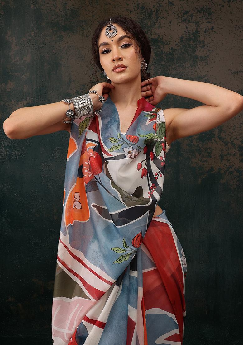 Multicolor Floral Digital Print Polyester Saree Set