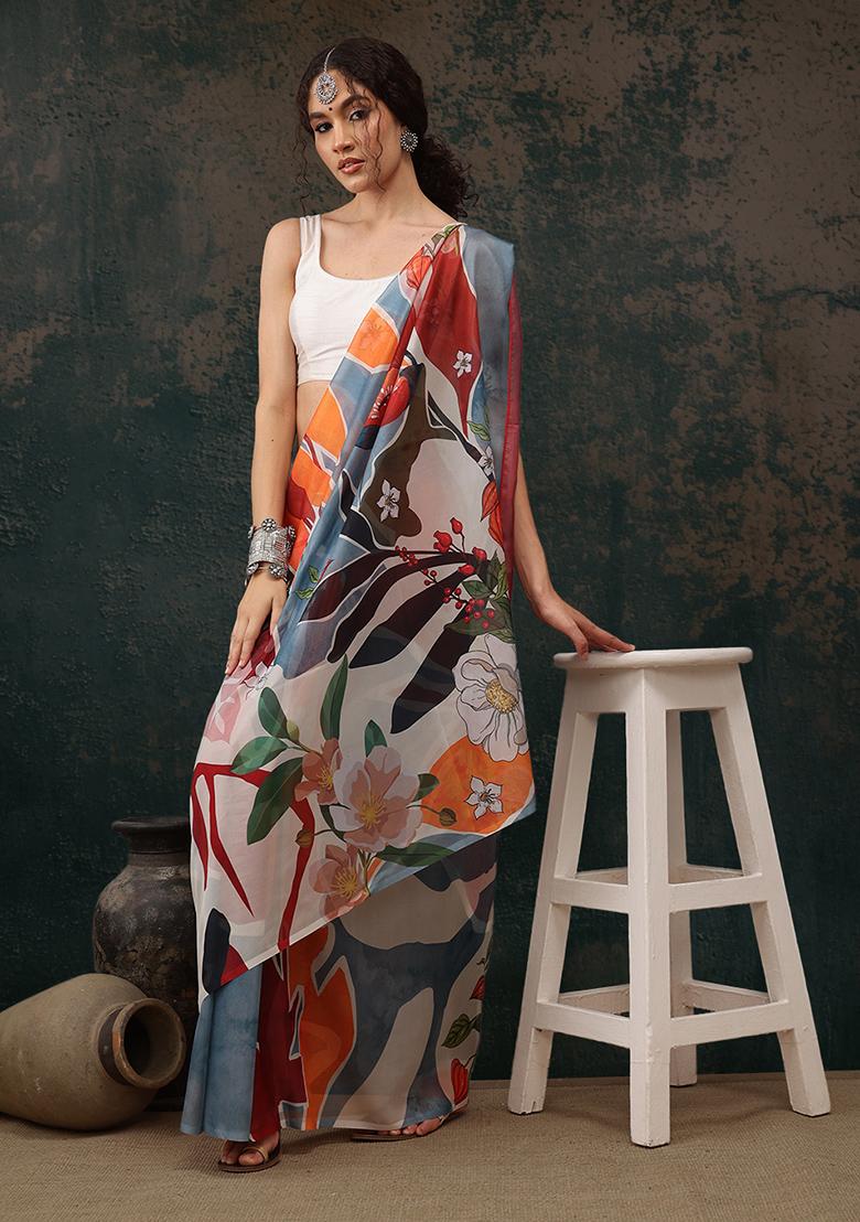 Multicolor Floral Digital Print Polyester Saree Set - Indya