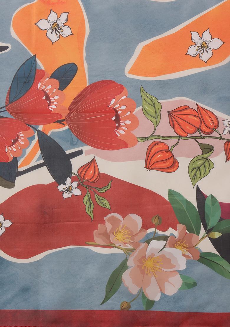 Multicolor Floral Digital Print Polyester Saree Set