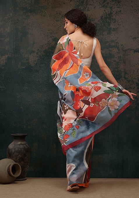 Multicolor Floral Digital Print Polyester Saree Set