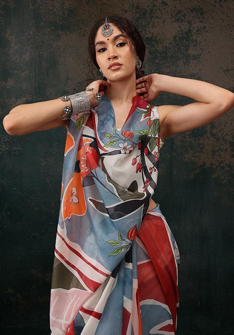 Multicolor Floral Digital Print Polyester Saree Set