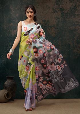 Light Green Floral Digital Print Polyester Saree Set