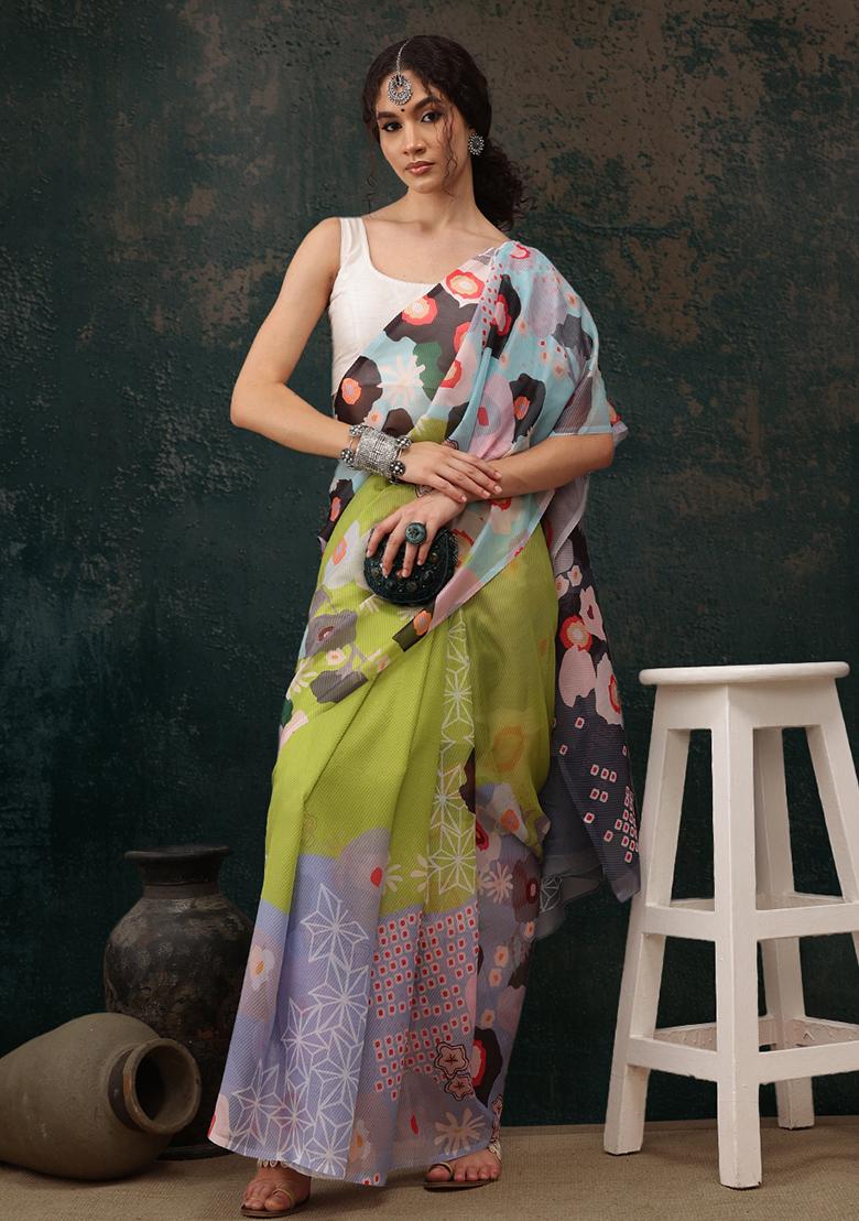Light Green Floral Digital Print Polyester Saree Set