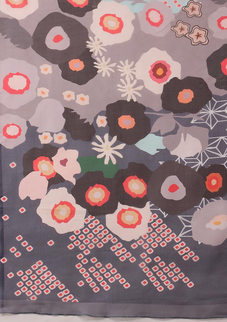 Light Green Floral Digital Print Polyester Saree Set