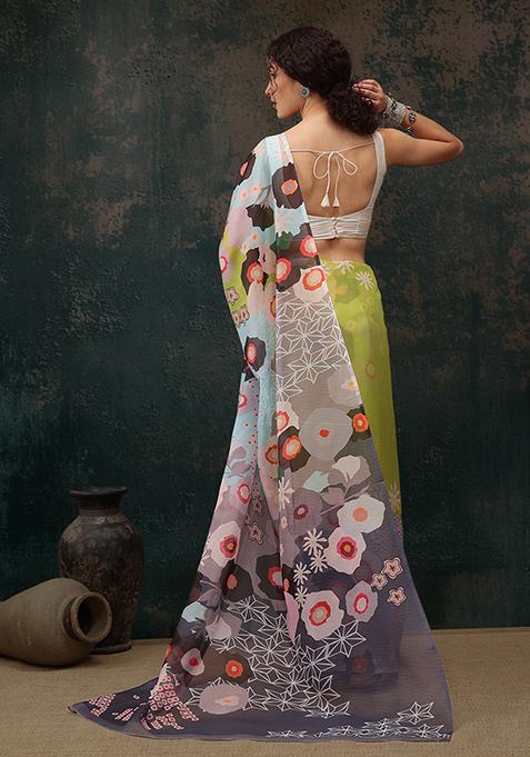 Light Green Floral Digital Print Polyester Saree Set