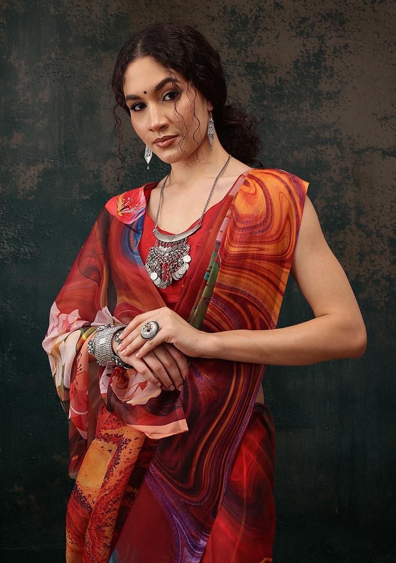 Brown Floral Digital Print Polyester Saree Set