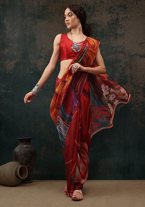 Brown Floral Digital Print Polyester Saree Set