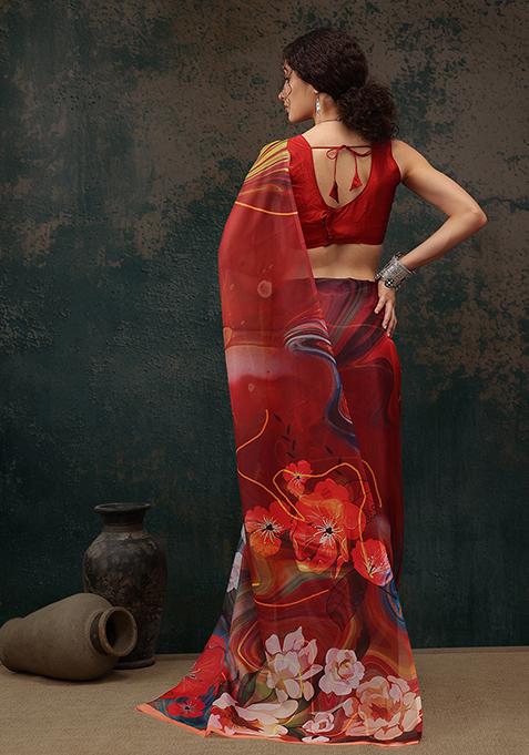 Brown Floral Digital Print Polyester Saree Set