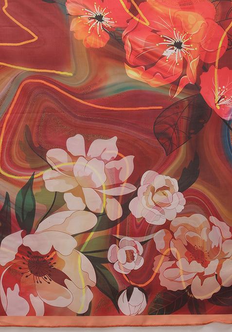 Brown Floral Digital Print Polyester Saree Set