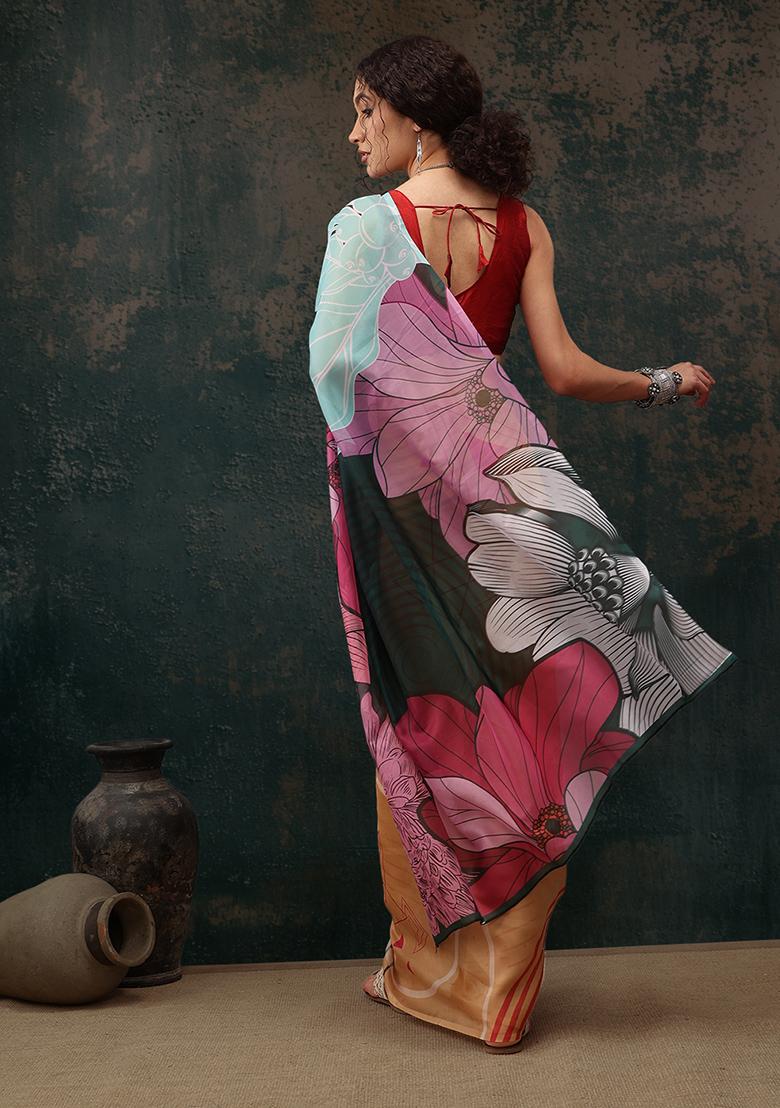 Yellow Floral Digital Print Polyester Saree Set