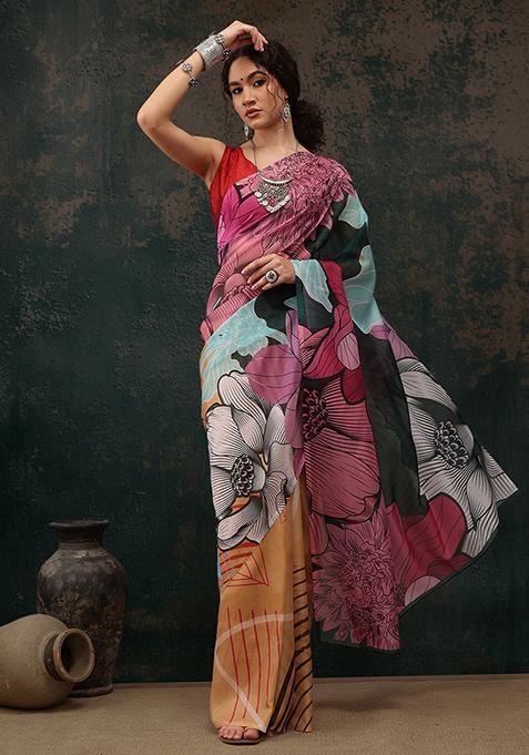 Yellow Floral Digital Print Polyester Saree Set